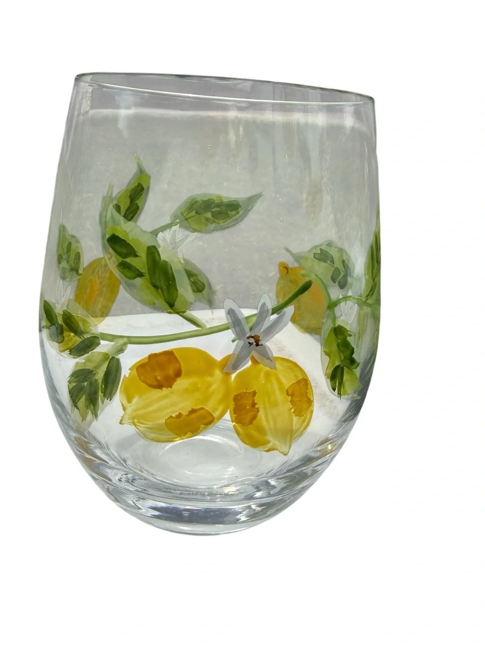 Pier 1 Hand Painted Lemon Stemless Wine Glasses Set 4 Citrus Floral Cottagecore